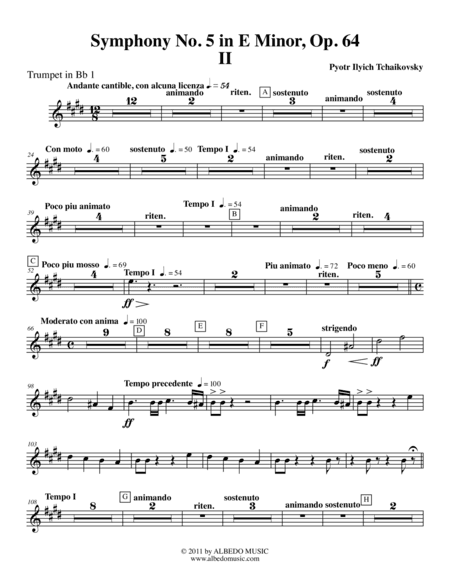 ?Tchaikovsky? Symphony No. 5, Movement II - Trumpet in Bb 1 (Transposed Part), Op. 64 (arr. Doug Clyde)