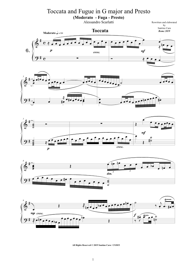 Scarlatti A - Toccata and Fugue No.6 in G major with Presto for Piano (arr. Cara Santino)