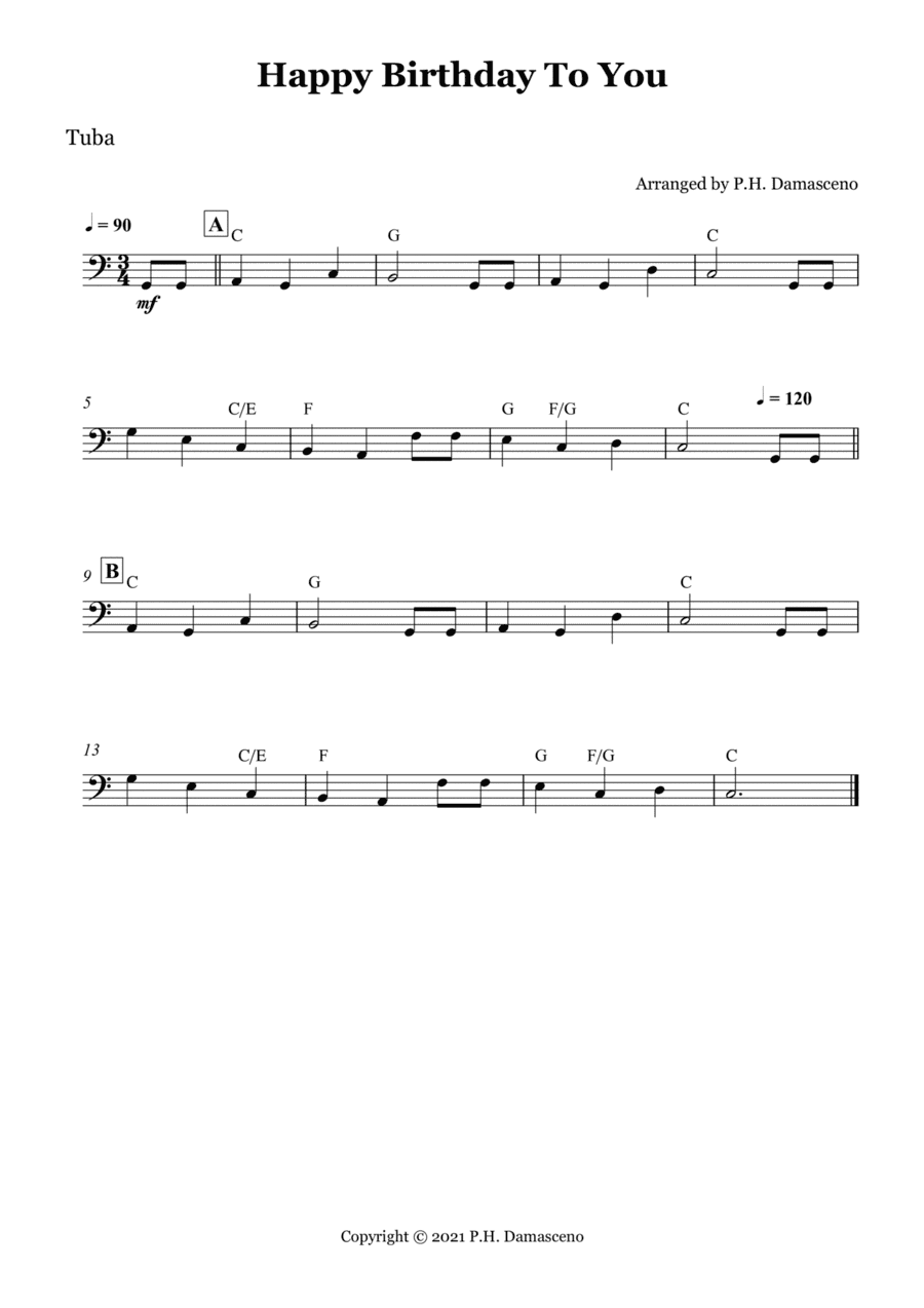 Happy Birthday To You - Tuba Solo with Chords (arr. P.H. Damasceno)
