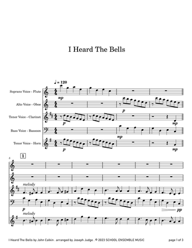 I Heard The Bells for Woodwind Quartet in Schools (arr. Joseph Judge)