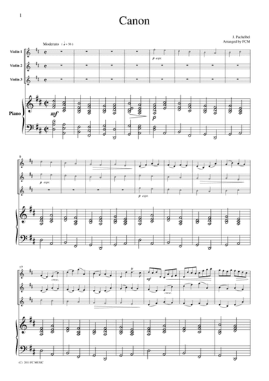 Pachelbel  Canon, for 3 Violins & Piano, VN304 (arr. FCMUSIC)