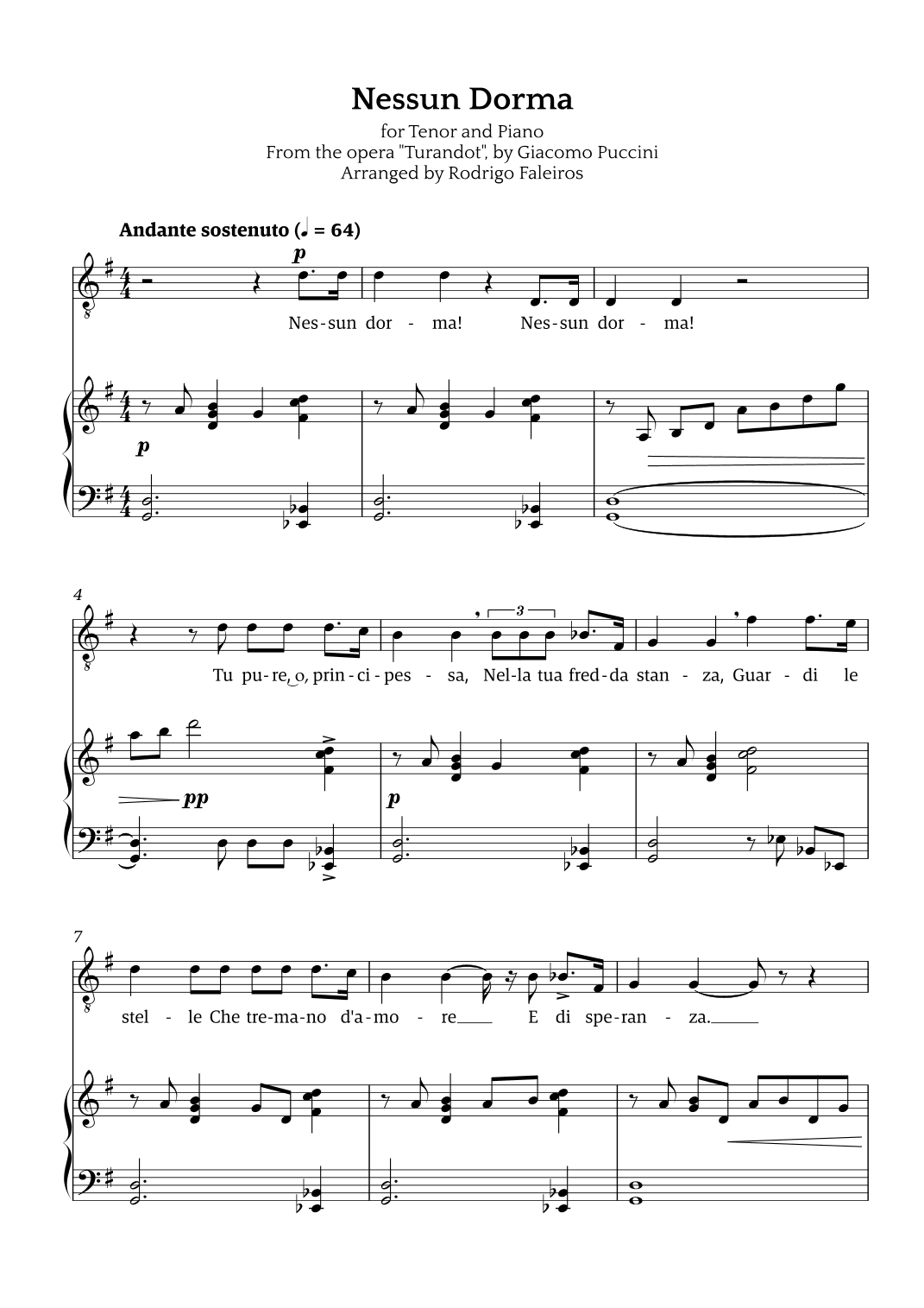 Nessun Dorma (for tenor and piano) (arr. Rodrigo Faleiros)