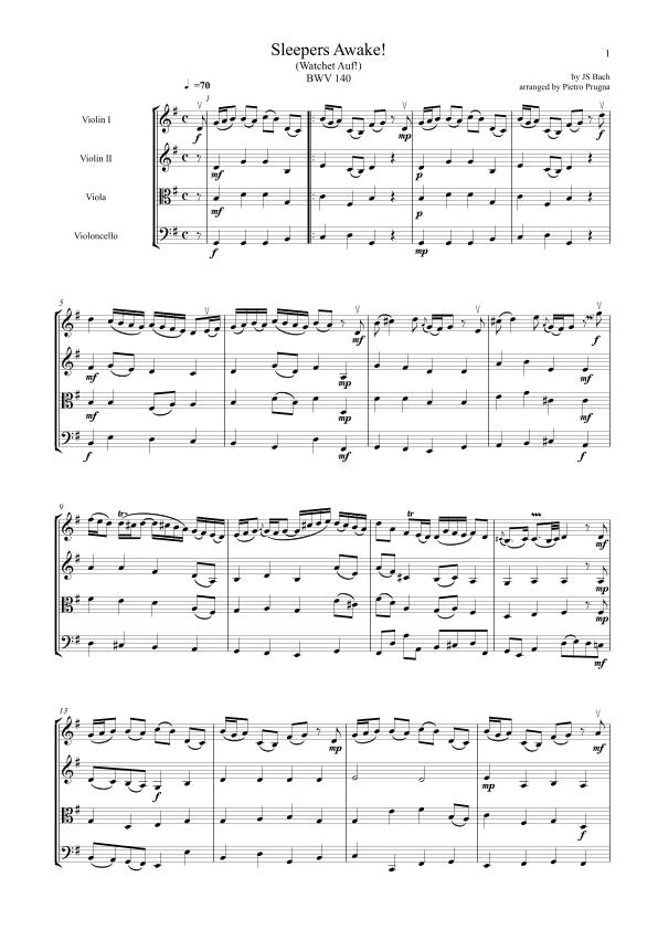 Sleepers Awake! (Wachet Auf!) (BWV 140) by JS Bach - arranged for String Quartet (arr. Pietro Prugna)