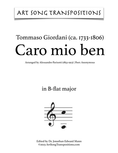 GIORDANI: Caro mio ben (transposed to B-flat major) (arr. ArtSongTranspositions.com)
