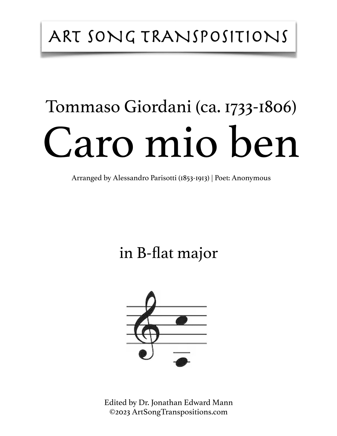GIORDANI: Caro mio ben (transposed to B-flat major) (arr. ArtSongTranspositions.com)