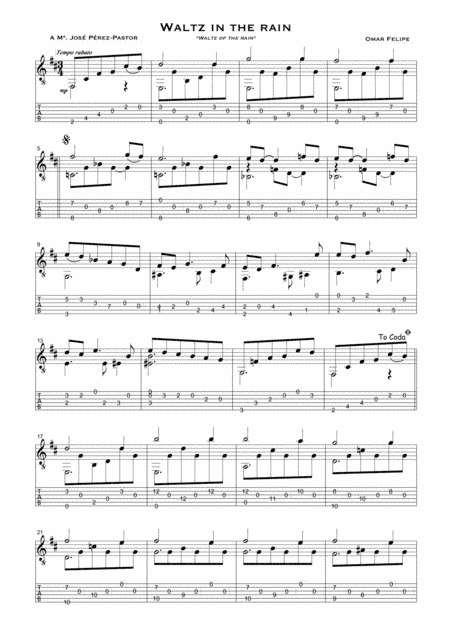 Waltz in the rain for solo guitar with TAB