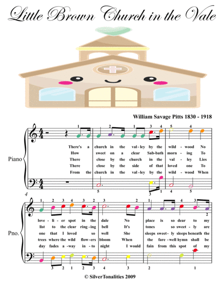 Little Brown Church in the Vale Easy Piano Sheet Music with Colored Notes (arr. SilverTonalities)