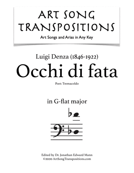 DENZA: Occhi di fata (transposed to G-flat major, bass clef) (arr. ArtSongTranspositions.com)