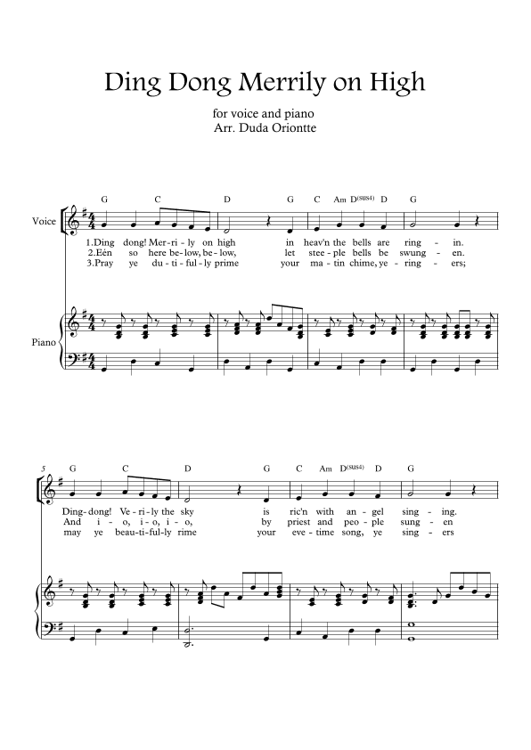 Ding Dong Merrily on High  (one voice - G major - with chords - with piano) (arr. Duda Oriontte)