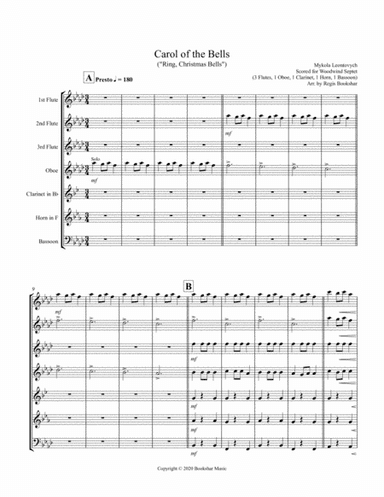 Carol of the Bells (F min) (Woodwind Septet - 3 Flute, 1 Oboe, 1 Clar, 1 Hrn, 1 Bassoon) (arr. Regis Bookshar)