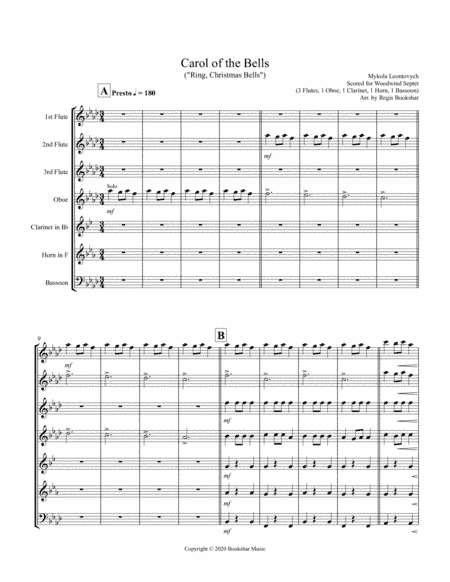 Carol of the Bells (F min) (Woodwind Septet - 3 Flute, 1 Oboe, 1 Clar, 1 Hrn, 1 Bassoon) (arr. Regis Bookshar)