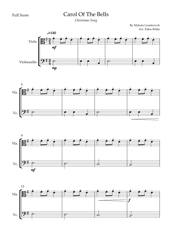 Carol Of The Bells (Christmas Song) for Viola & Cello Duo (arr. Fabio Britto)