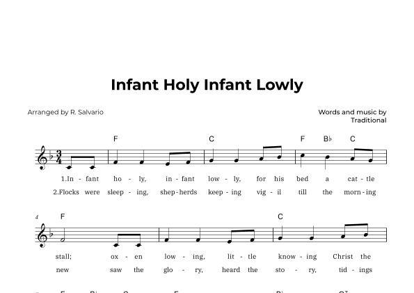 Infant Holy Infant Lowly (Key of F Major) (arr. R. Salvario)