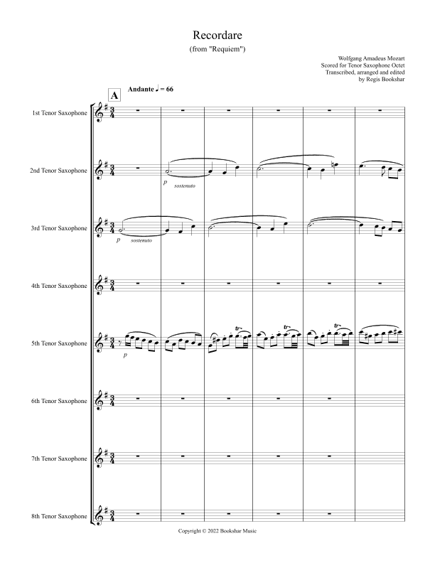 Recordare (from "Requiem") (F) (Tenor Saxophone Octet) (arr. Regis Bookshar)