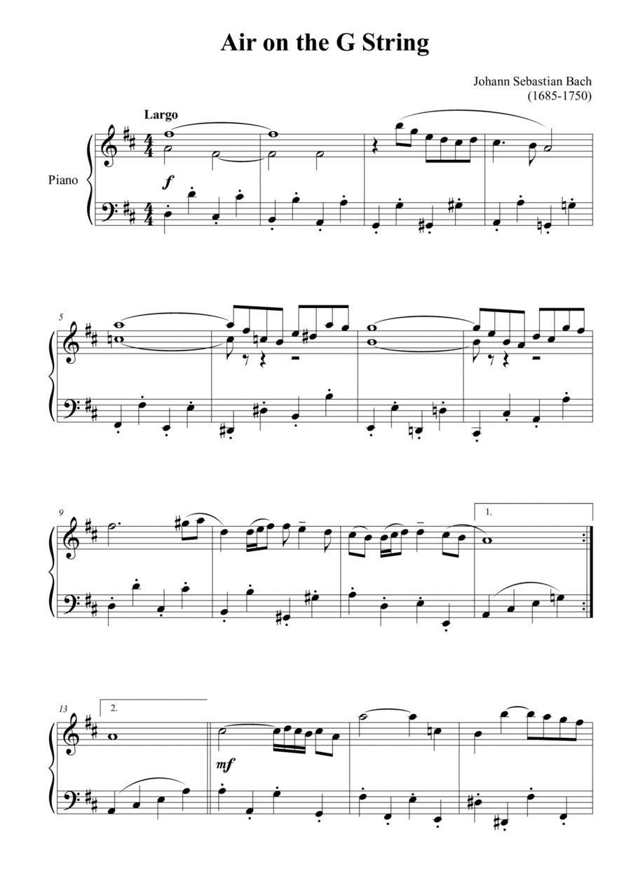 Air on the G String for piano solo (arr. Passoni Music)