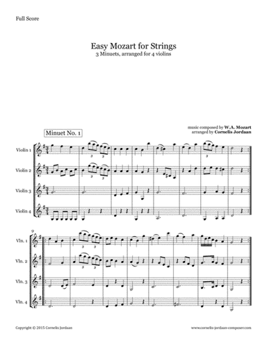 Easy Mozart for Strings - 3 Minuets, arranged for 4 violins (arr. Cornelis Jordaan)