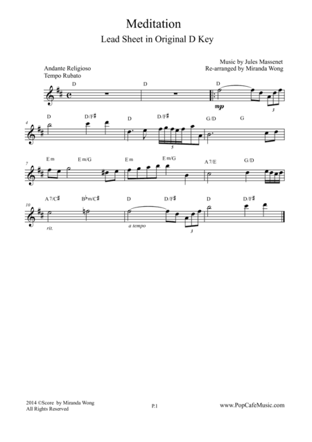 Meditation (from Thais) - Lead Sheet in Original D Key (arr. Miranda Wong)