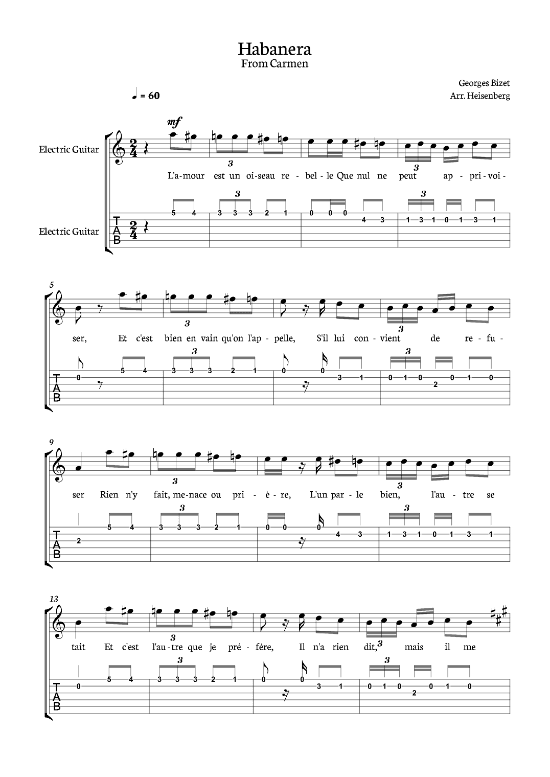 Habanera from Carmen for Eletric Guitar with tab. (arr. Heisenberg)