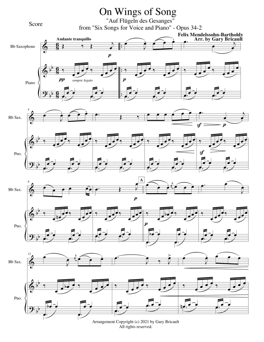 On Wings of Song - "Auf Flügeln des Gesanges" - Opus 34-2 (arr. Gary Bricault)