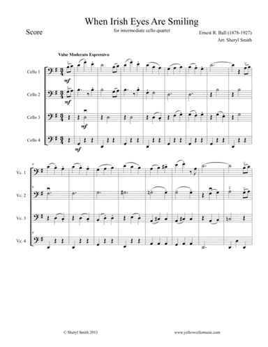 When Irish Eyes Are Smiling, arranged for intermediate cello quartet (four cellos) (arr. Yellow Cello Music)