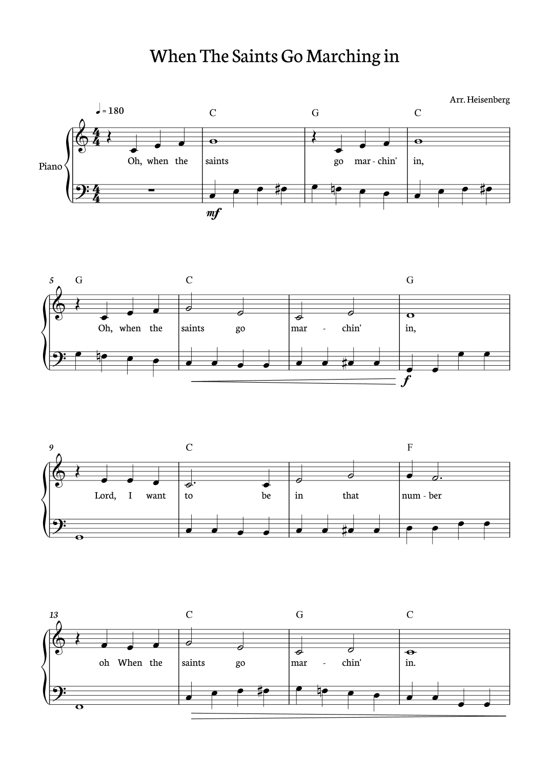 When The Saints Go Marching In for Piano Solo with Lyrics and chords (arr. Heisenberg)