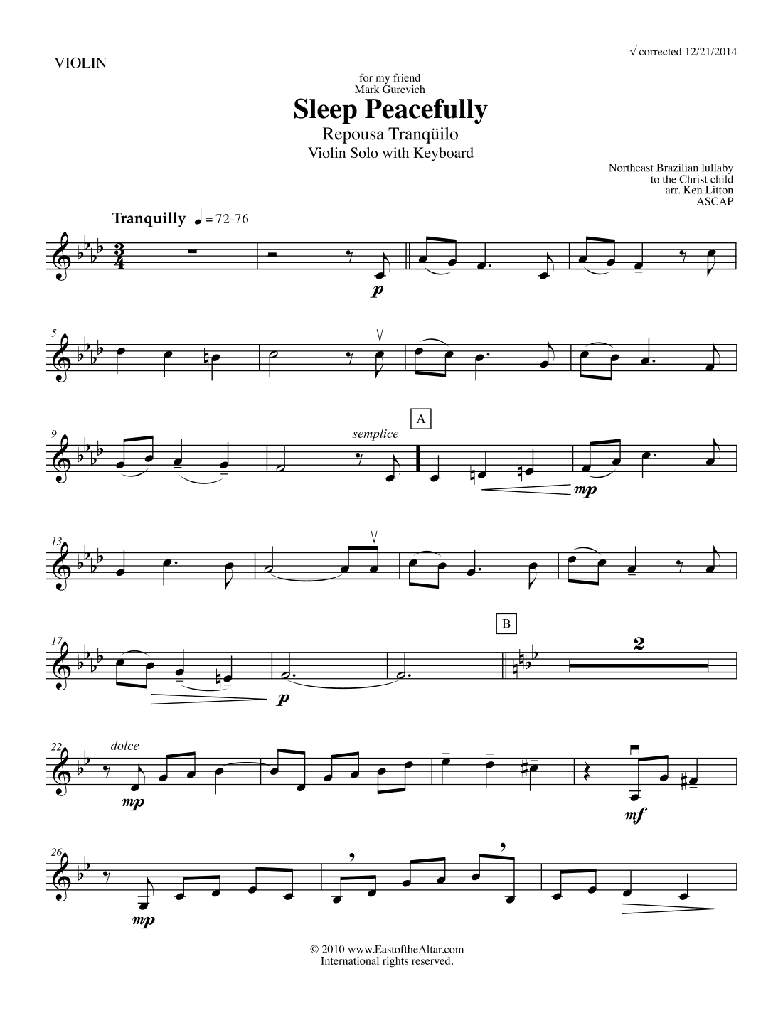 Repousa Tranqüilo (Sleep Peacefully) VIOLIN part (arr. Ken Litton)