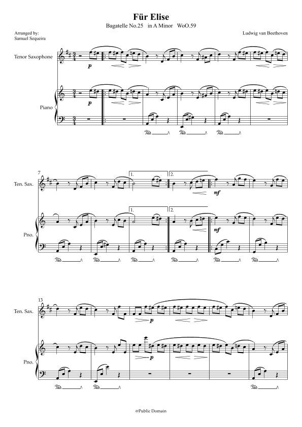 Für Elise (For Elise) - for Tenor Saxophone and Piano accompaniment - with Piano Play along (arr. Samuel Sequeira)