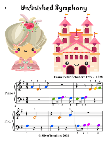Unfinished Symphony Beginner Piano Sheet Music with Colored Notes (arr. SilverTonalities)