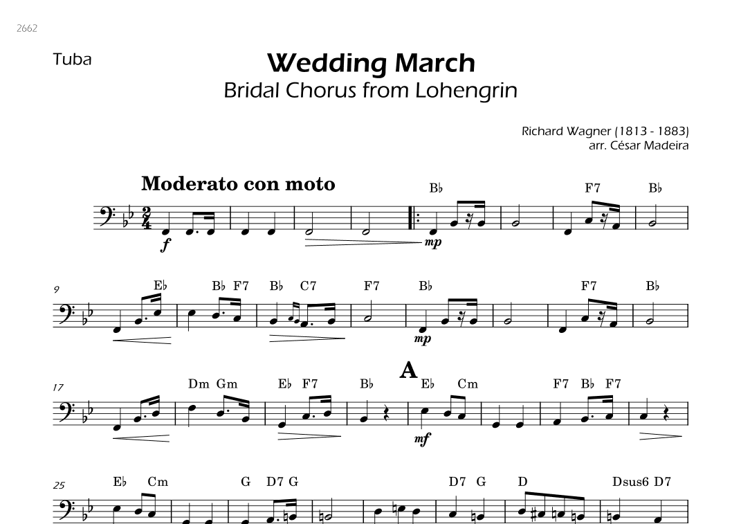Wedding March (Bridal Chorus) - Tuba Solo - W/Chords (arr. César Madeira)