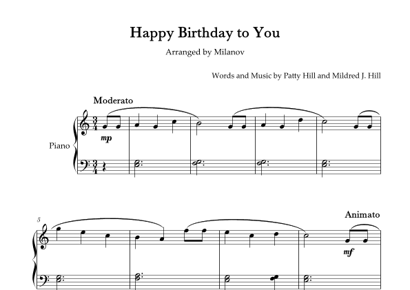 Happy Birthday to You in C Piano Easy Intermediate (arr. Milanov)