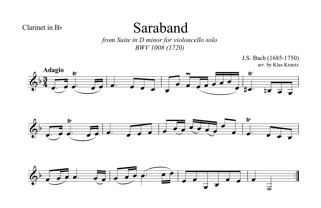 Sarabande from suite No. 2 BWV 1008 for clarinet solo (arr. K. Krantz)