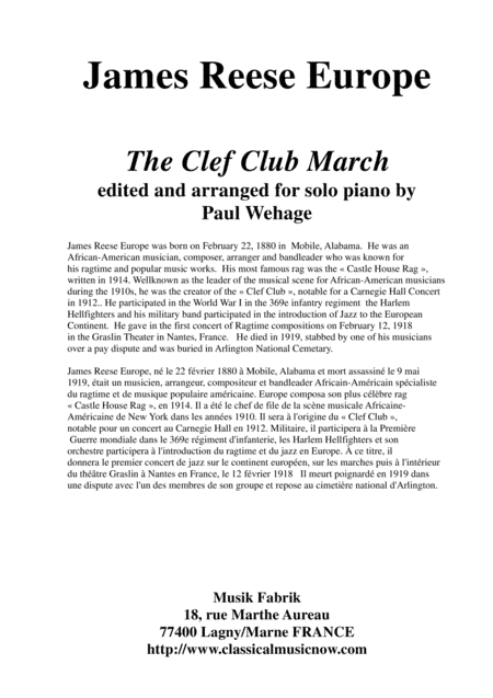 James Reese Europe: "The Clef Club March", arranged for solo piano (arr. Paul Wehage)