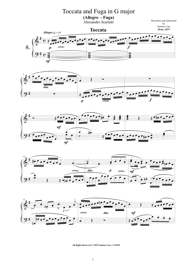 Scarlatti A - Toccata and Fugue No.8 in G major for Piano (arr. Santino Cara)