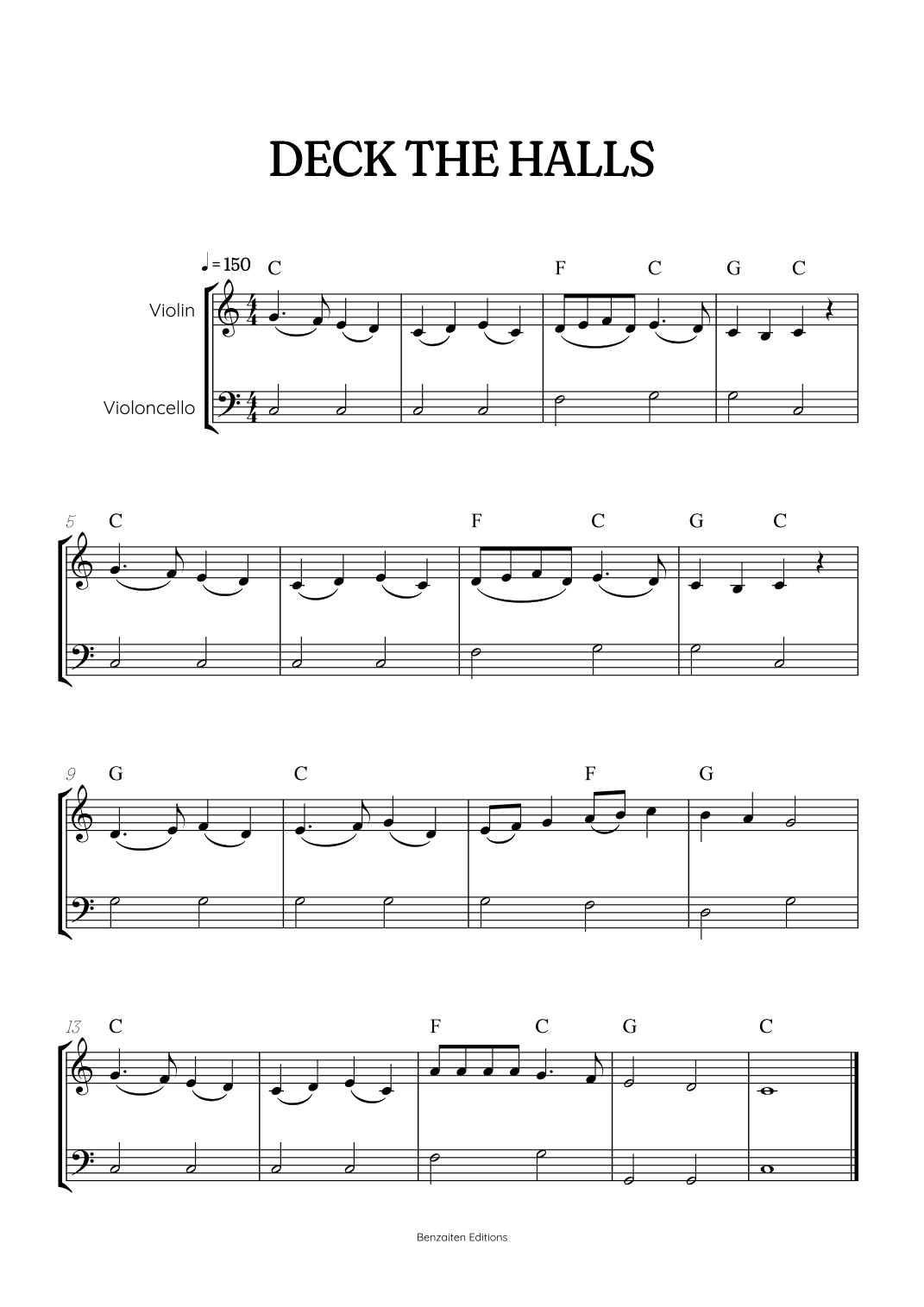 Deck the Halls for violin and cello duet • super easy Christmas song sheet music with chords (arr. Benzaiten Editions)
