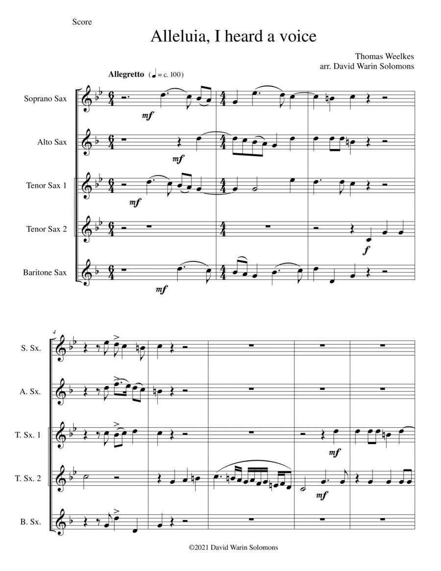 Alleluia, I heard a voice arranged for saxophone quintet (arr. David Warin Solomons)