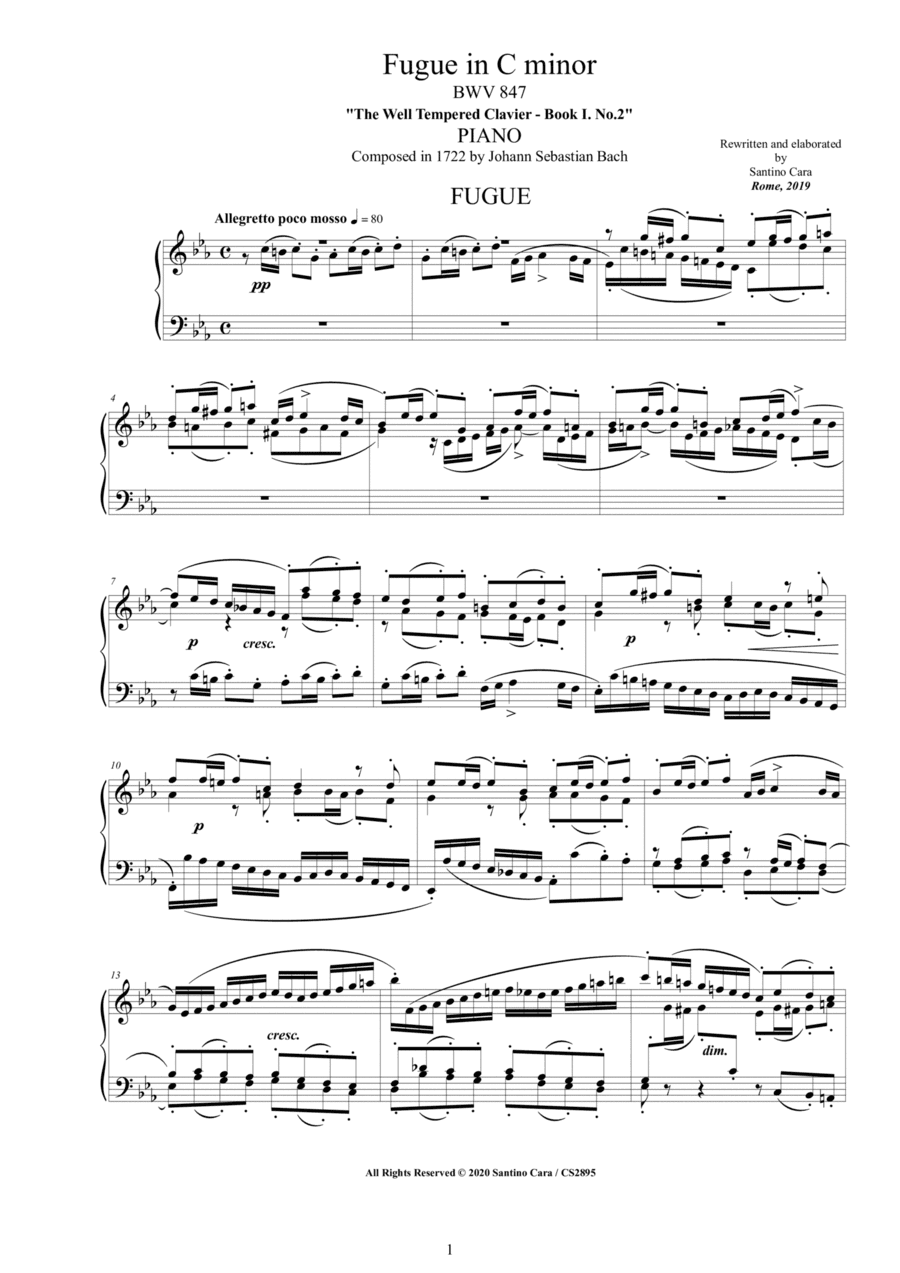 Bach - Fugue in C minor BWV 847 for Piano (arr. Santino Cara)