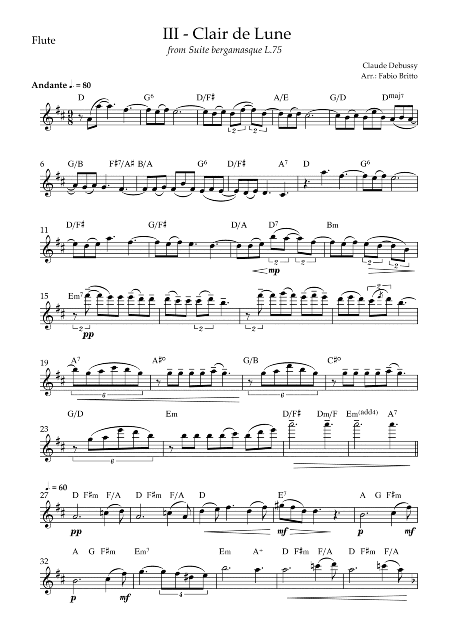 Clair de Lune (C. Debussy) for Flute Solo with Chords (D Major) (arr. Fabio Britto)