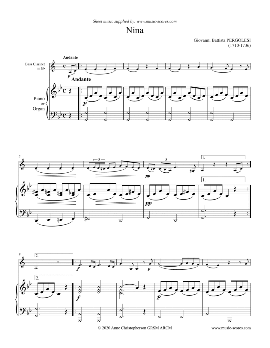 Nina - Bass Clarinet (G minor) and piano/organ (arr. Anne L Christopherson GRSM ARCM)