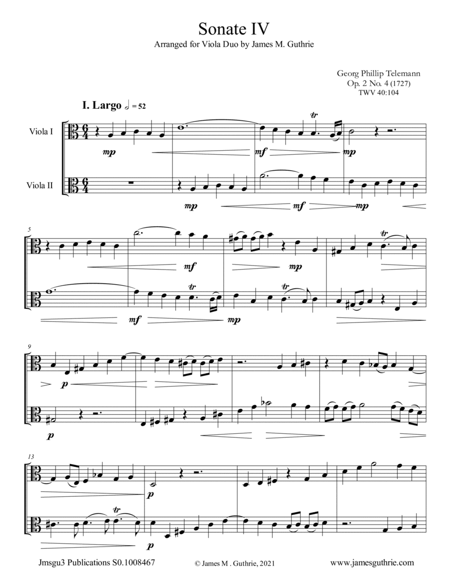 Telemann: Sonata Op. 2 No. 4 for Viola Duo (arr. James M. Guthrie)