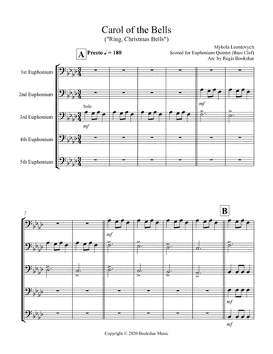 Carol of the Bells (F min) (Euphonium Quintet - Bass Clef) (arr. Regis Bookshar)