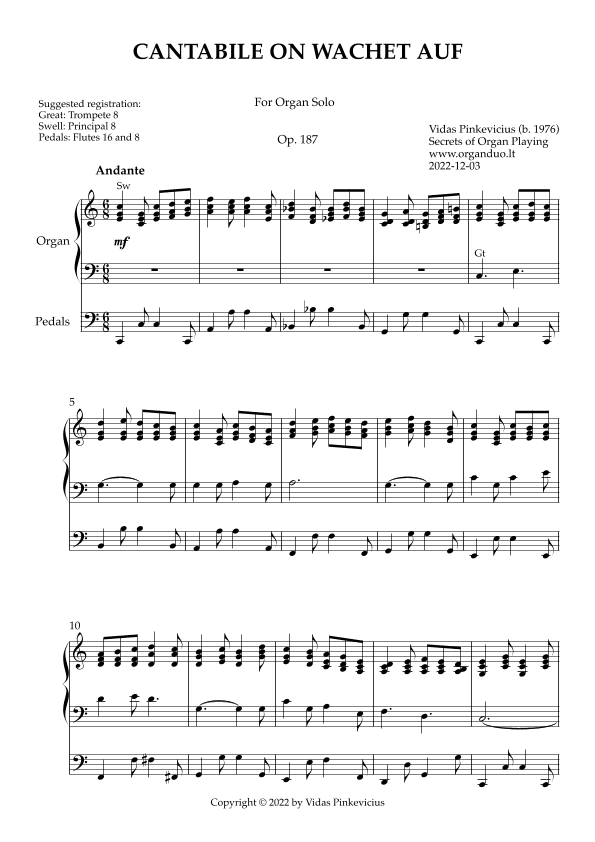 Cantabile on Wachet auf, Op. 187 (Organ Solo) by Vidas Pinkevicius