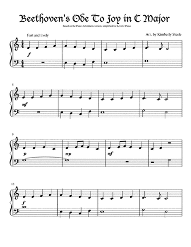 Beethoven's Ode To Joy For Piano Level 2 Based On The Piano Adventures Version (arr. Kimberly Steele)