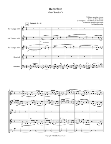 Recordare (from "Requiem") (F) (Brass Quintet - 3 Trp, 1 Hrn, 1 Trb) (arr. Regis Bookshar)