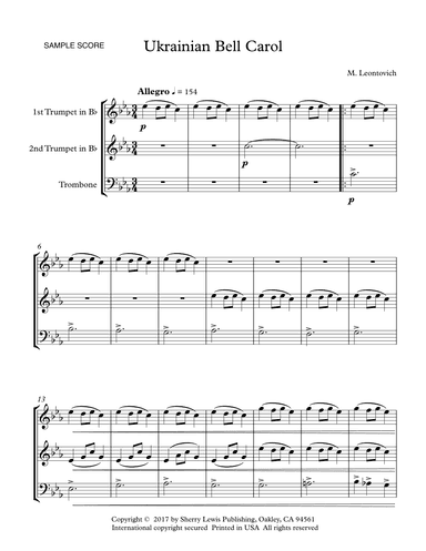 UKRAINIAN BELL CAROL - Carol of the Bells, Brass Trio, Intermediate Level (arr. Sherry Lewis Publishing)