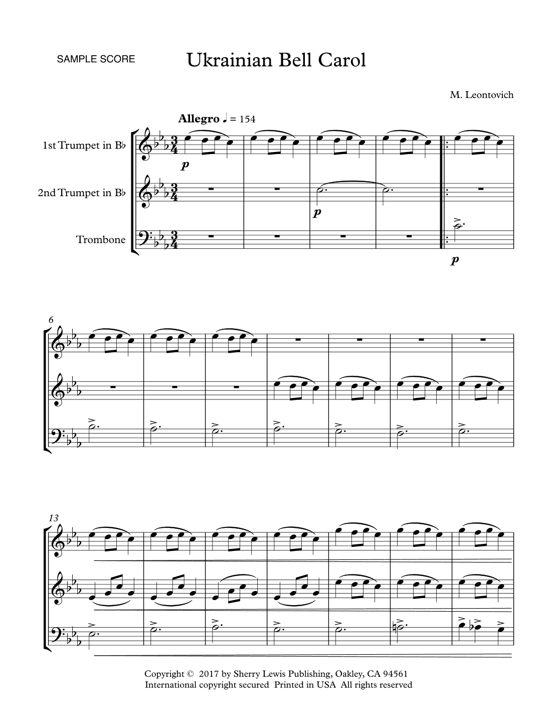 UKRAINIAN BELL CAROL - Carol of the Bells, Brass Trio, Intermediate Level (arr. Sherry Lewis Publishing)