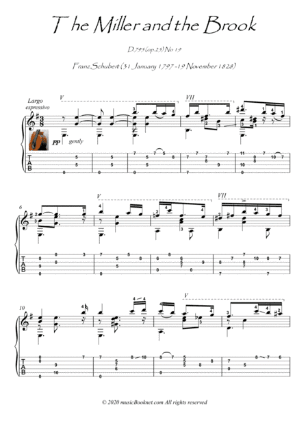 The Miller and the Brook by Schubert classical guitar solo (arr. PianoSheetNow)