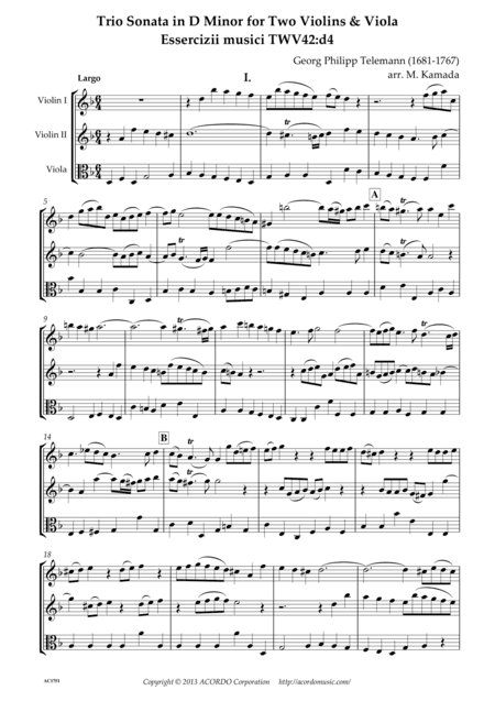 Trio Sonata in D Minor for Two Violins & Viola Essercizii musici TWV42:d4 (arr. Mikio Kamada)