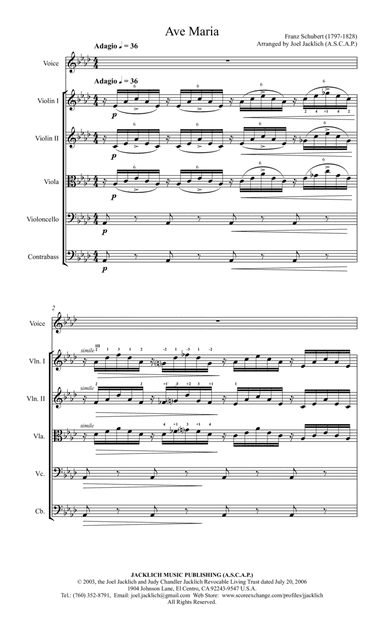 Ave Maria (Schubert) Key of Ab, for Voice with String Orchestra or String Quartet Accompaniment (arr. Joel Jacklich (ASCAP))