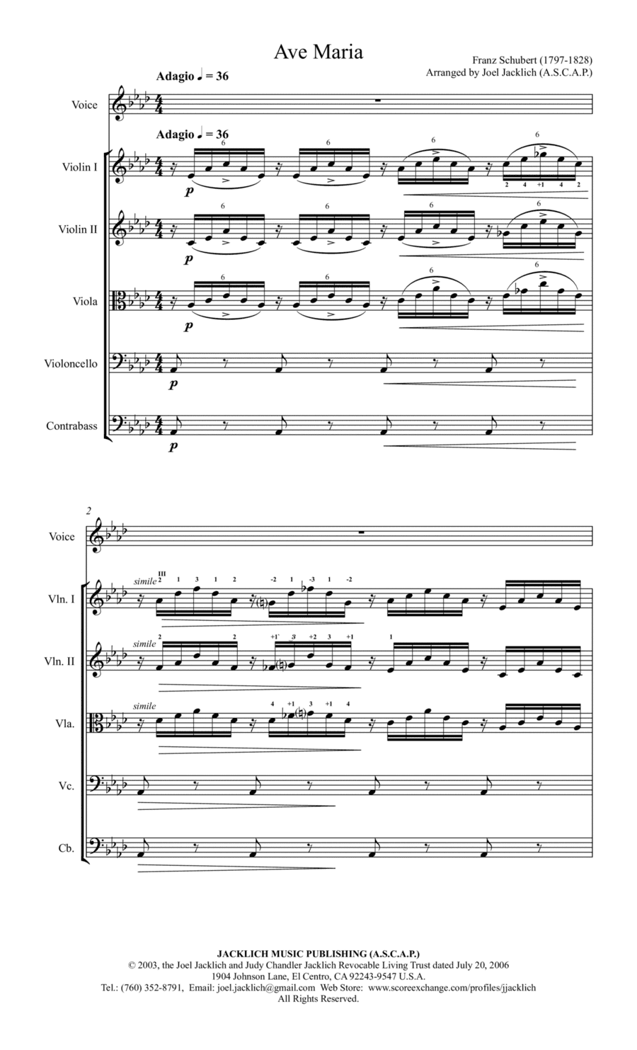 Ave Maria (Schubert) Key of Ab, for Voice with String Orchestra or String Quartet Accompaniment (arr. Joel Jacklich (ASCAP))