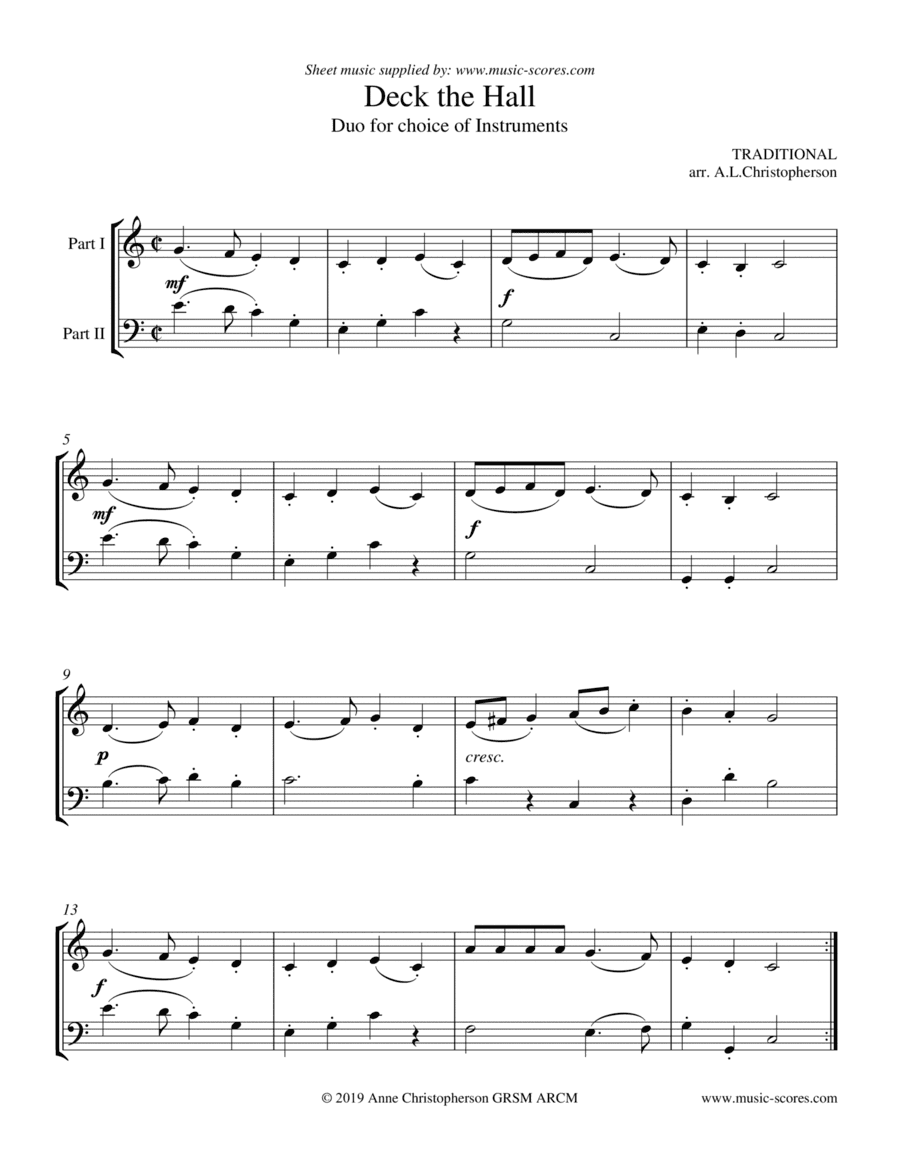 Deck the Halls with Boughs of Holly - Duo for any 2 instruments (arr. Anne L Christopherson GRSM ARCM)
